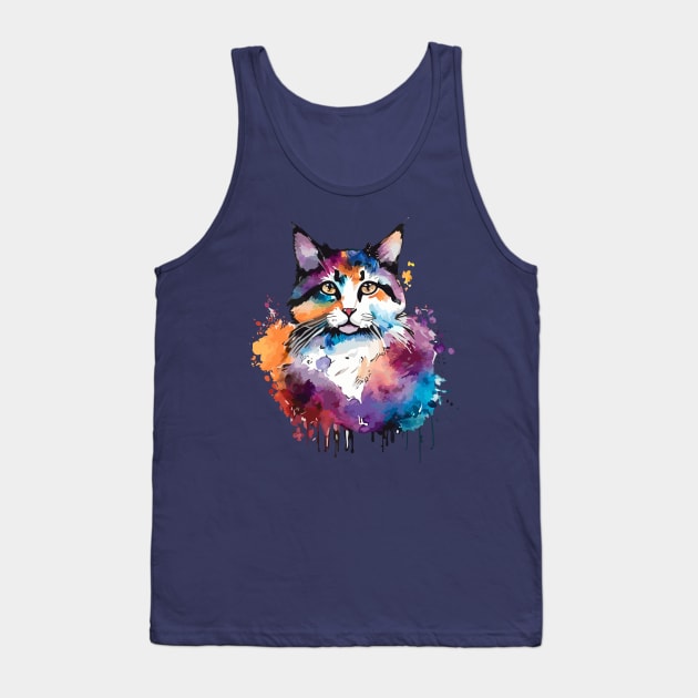 Digital Watercolor Colorful Cat Tank Top by DestructoKitty